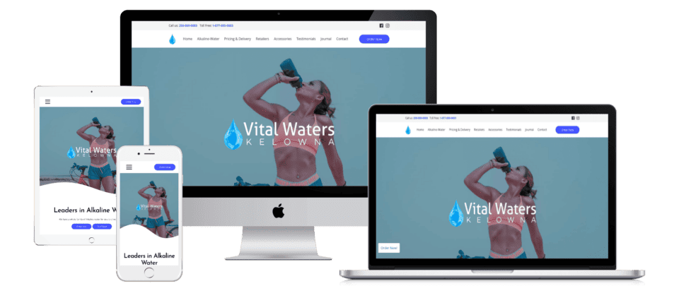 Small business website design in Kelowna with an image of woman drinking from a water bottle shown on multiple device screens