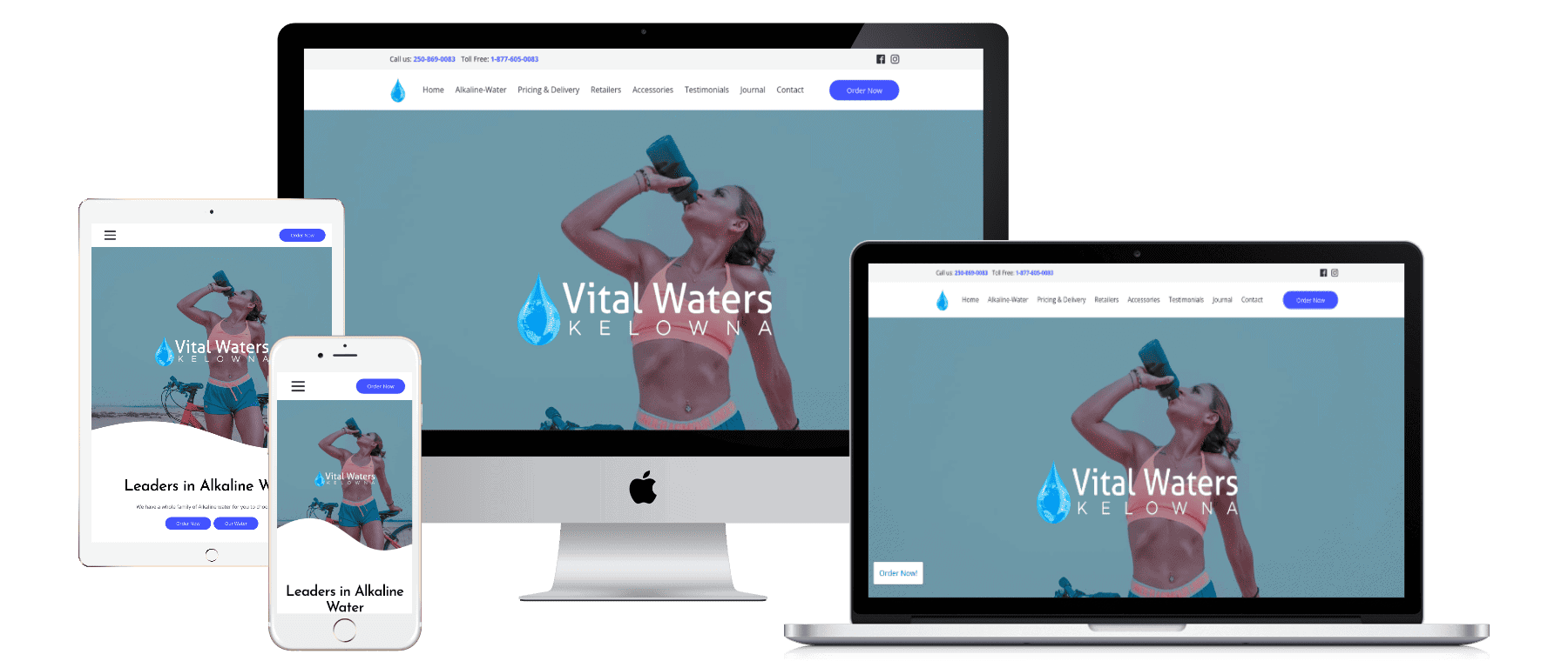 Small business website design in Kelowna with an image of woman drinking from a water bottle shown on multiple device screens