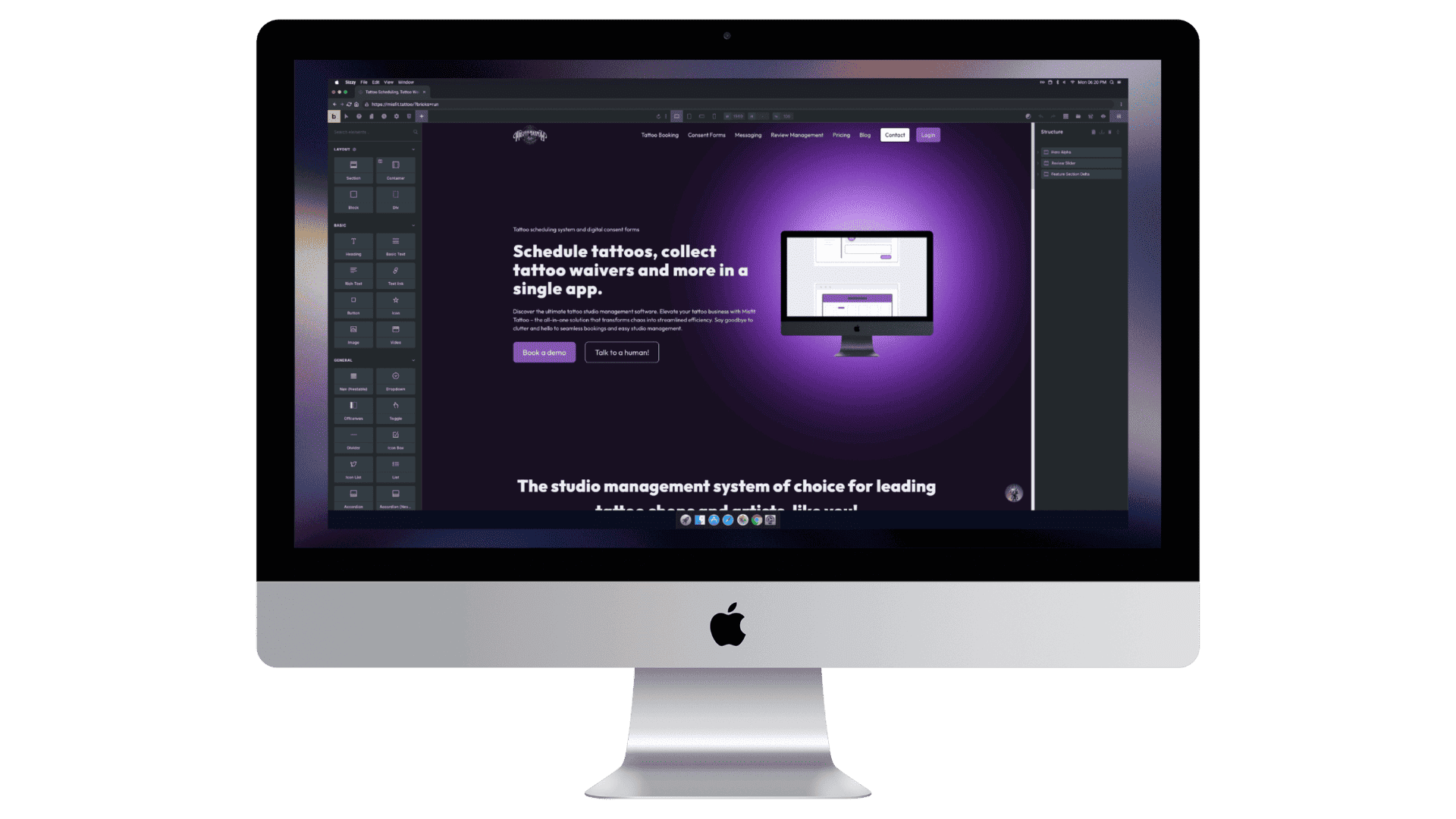 iMac displaying the Misfit Tattoo website designed by Kelowna website design company Misfit Media Web Design, showcasing a custom WordPress website design with a modern and user-friendly designed website interface.