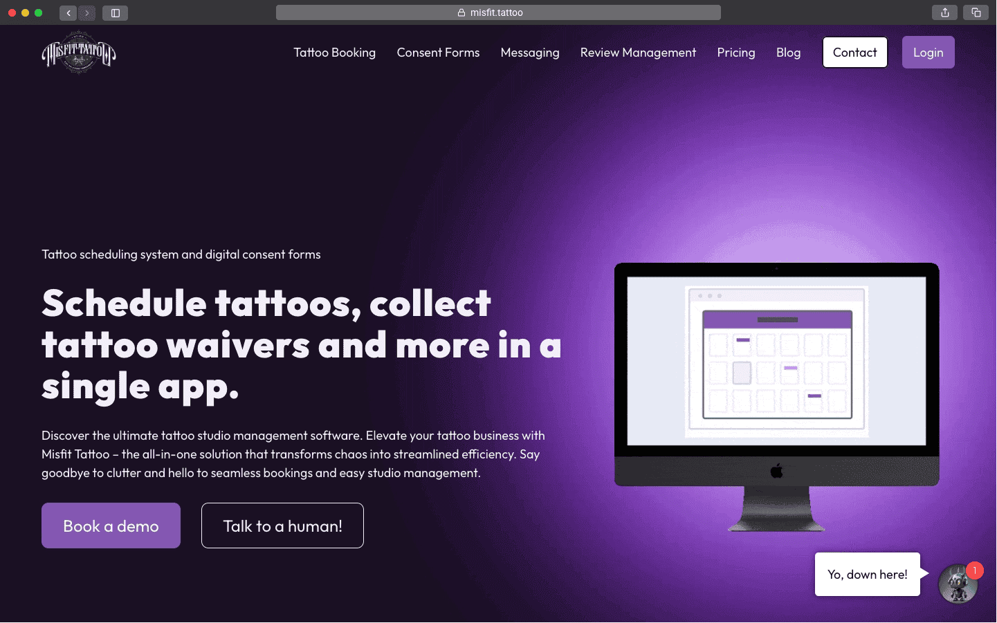 Desktop browser showing the Misfit Tattoo website created by Kelowna web design company Misfit Media Web Design.