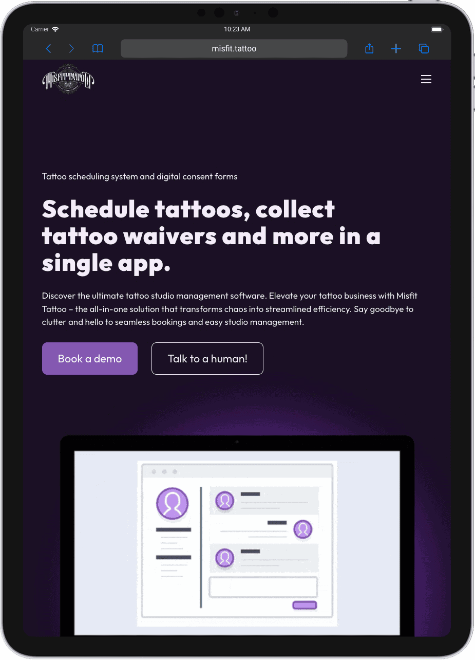 iPad showing the Misfit Tattoo website created by Kelowna web designer Misfit Media Web Design.