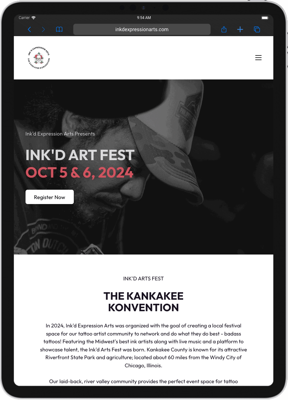iPad showing the Ink'd Art Expressions website created by Kelowna web designer Misfit Media Web Design.