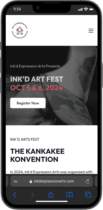 iPhone showing the Ink'd Art Expressions website created by Kelowna web design company Misfit Media Web Design.